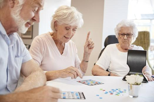 Seniors playing bingo and board games